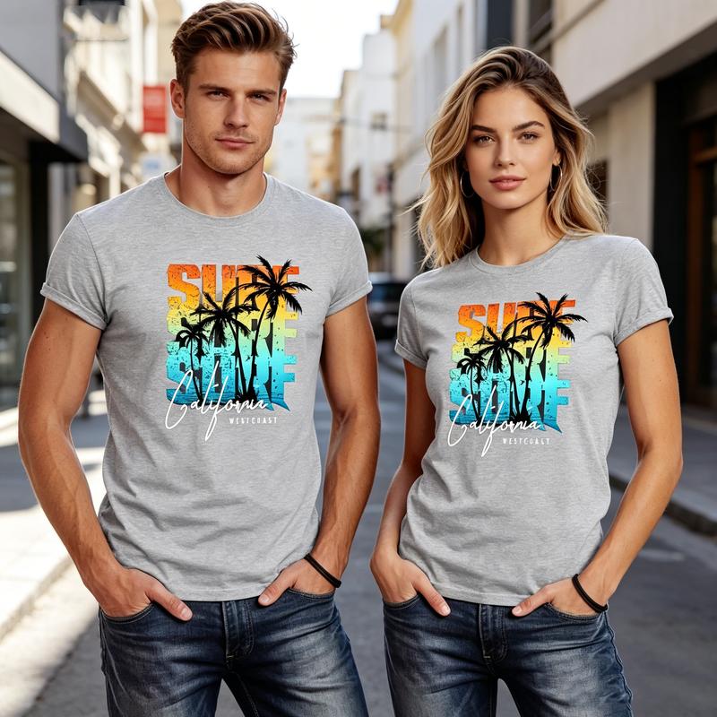 Retro Gradient Surf California West Coast Graphic Tee For Adult Unisex Unisex Trendy Tropical Palm Print Casual Daily Summer
