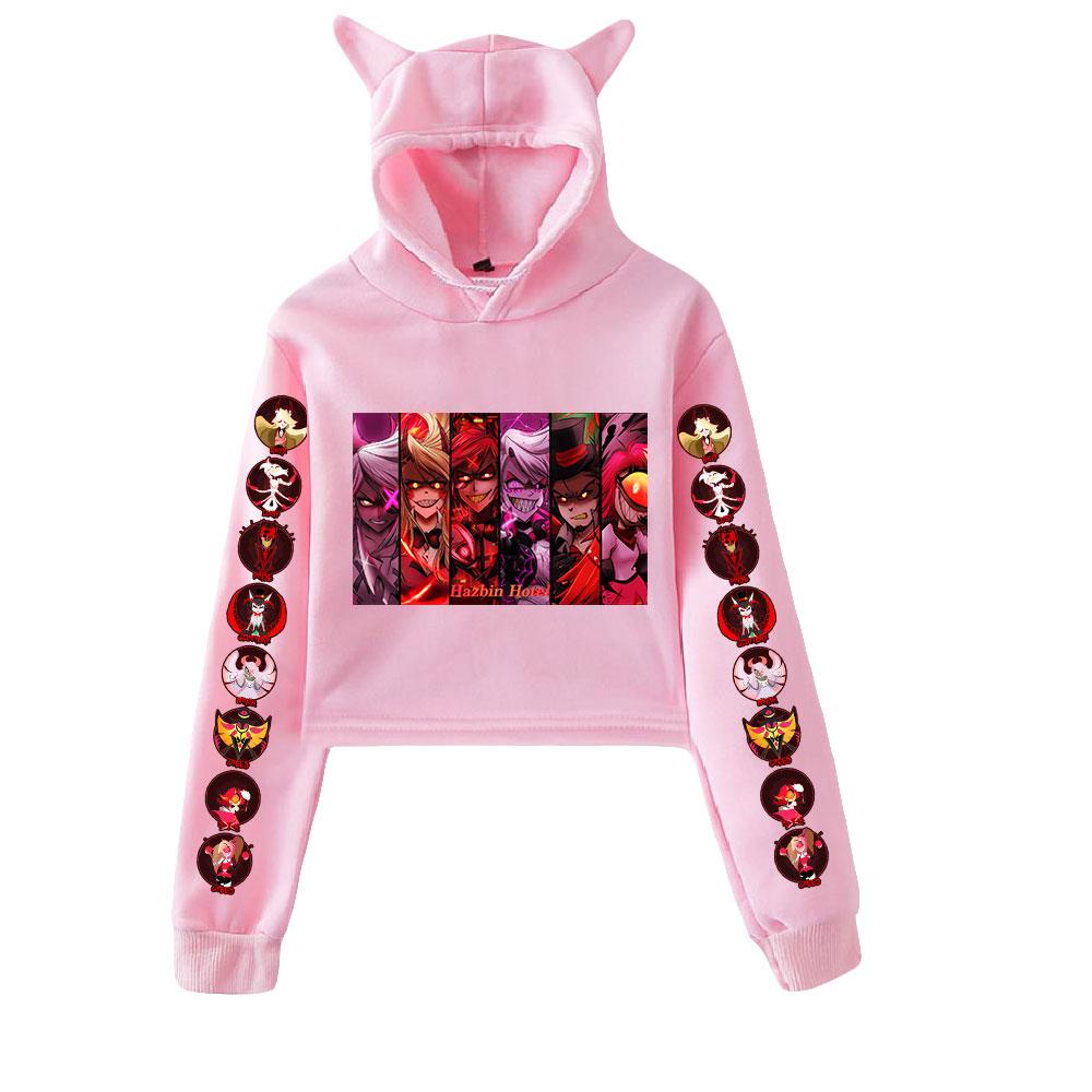 Moletom com capuz feminino sexy streetwear manga comprida cropped top hazbin hotel desenho animado estampado moletom com capuz