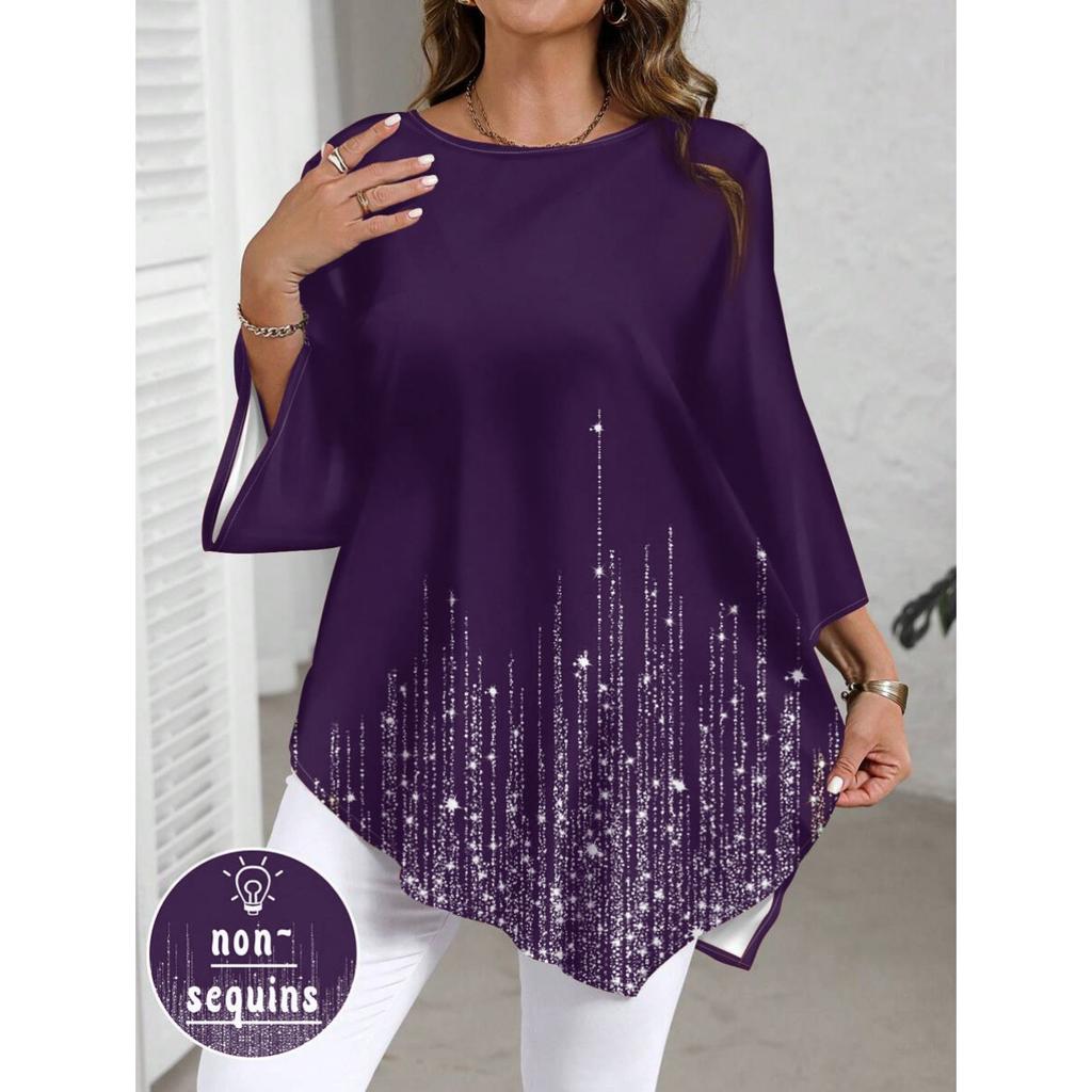 Nova T-shirt de Outono para Mulheres Plus Size com Estampa Degradê e Gola Redonda, Top Casual Versátil Popular na Europa e América