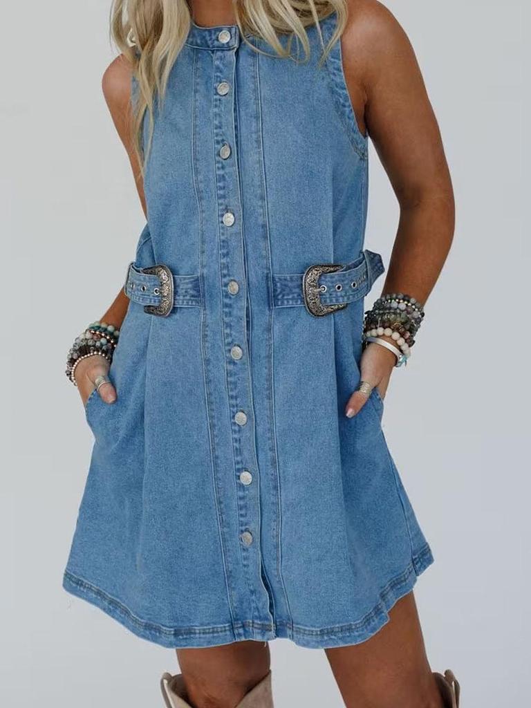Women's European-American Fashion Trend Single-Breasted Multi-Button Denim Shirt Dress with Pockets