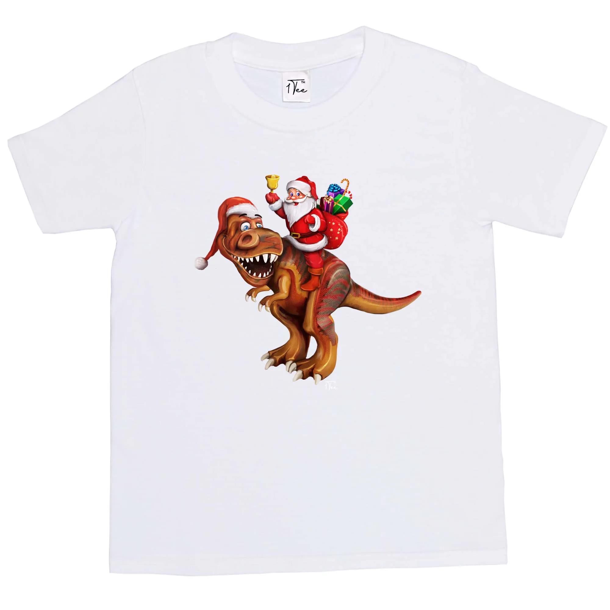 

Interesting Santa Riding Dinosaur T Rex Christmas T-Shirt 100% Cotton O-Neck Summer Short Sleeve Casual Mens T-shirt Size S-3XL S