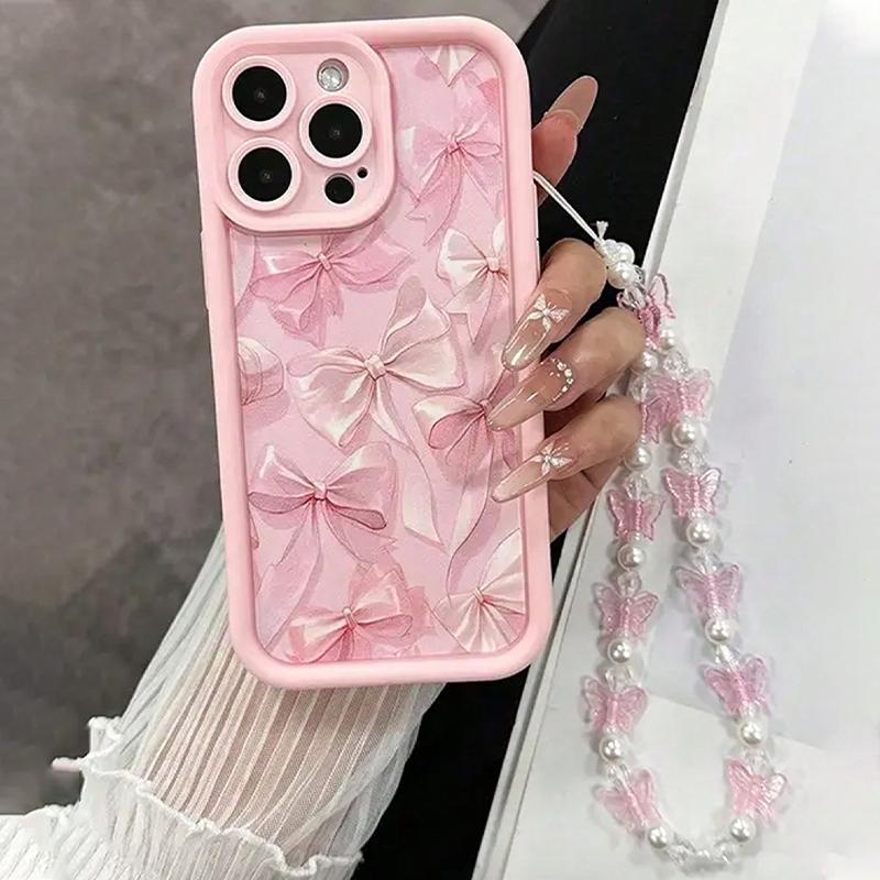 Luxury Pink Bowknot Pattern Phone Case For iPhone 17 Air 16 15 14 13 12 11 Pro Max 16E 7 8 Plus With Lanyard Lanyard Rope Cover