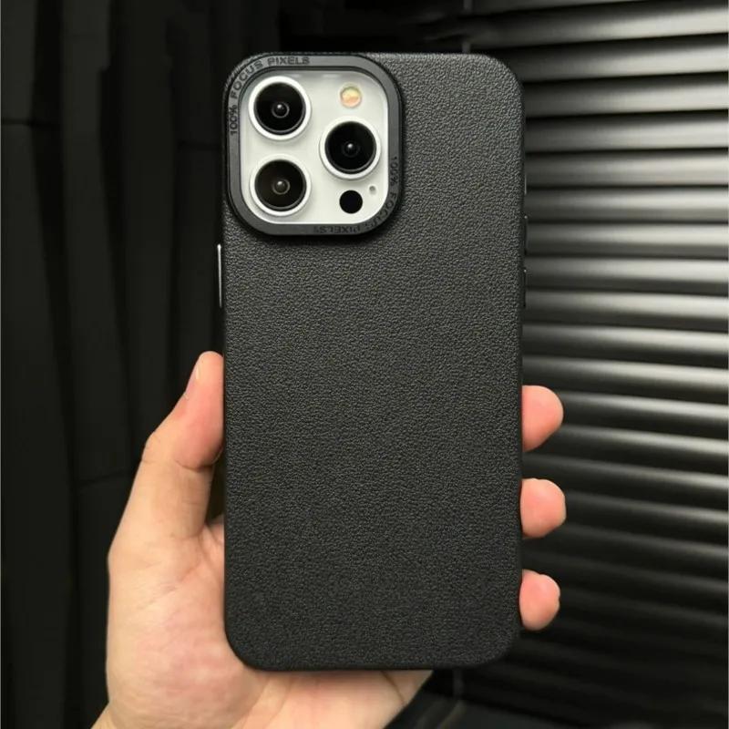 Luxury Metal Camera Protection Leather Texture Case for iPhone 15 14 Plus 13 12 16 Pro Max Soft Silicone Matte Shockproof Cover