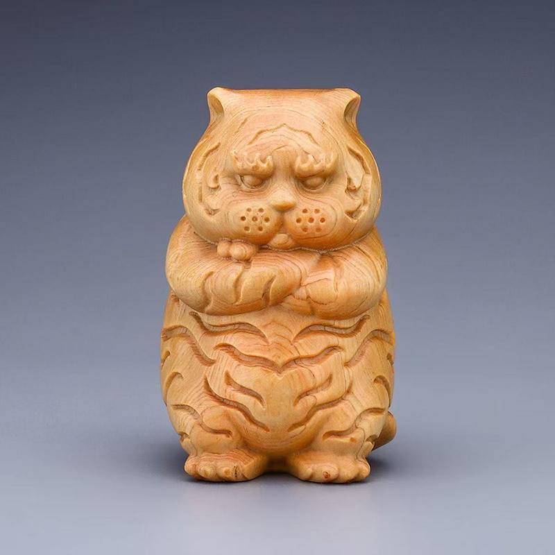 Cypress Cute Tiger Baby Decorate small statues -Chinese characteristic wood carving Cute Home Room Office Healing Decoration