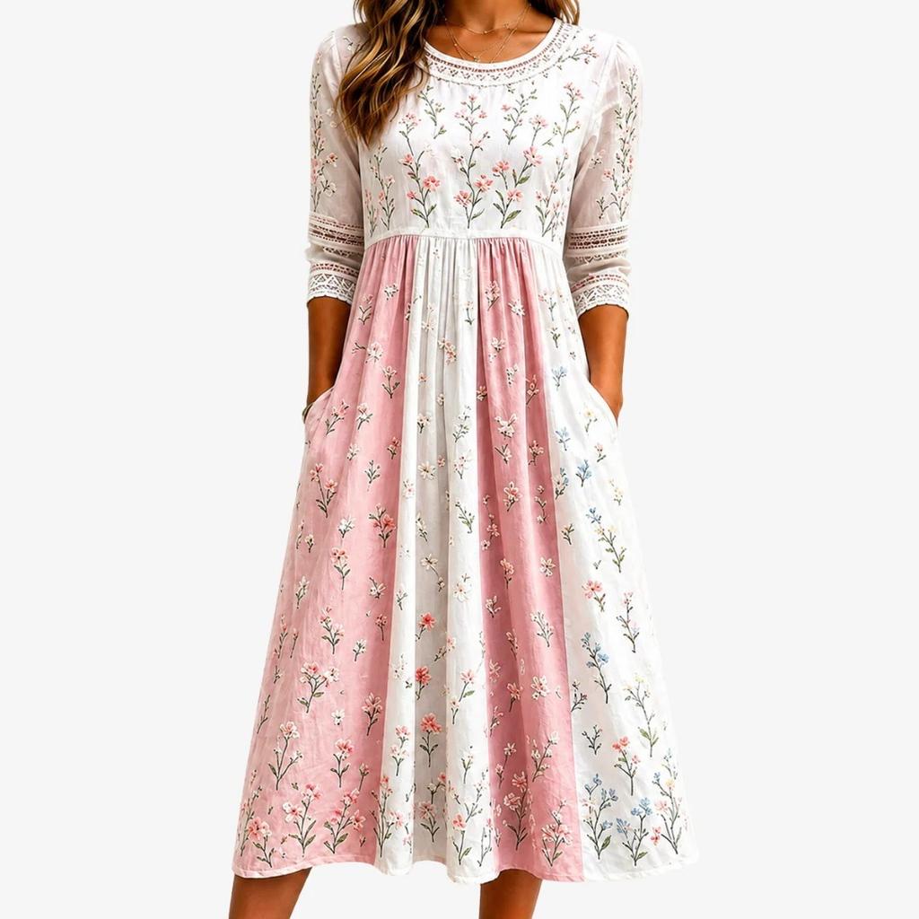 Spring and Summer 2026 New Round Neck 7-point Sleeve Casual Loose Long Printed Dress - Bamboo Hemp