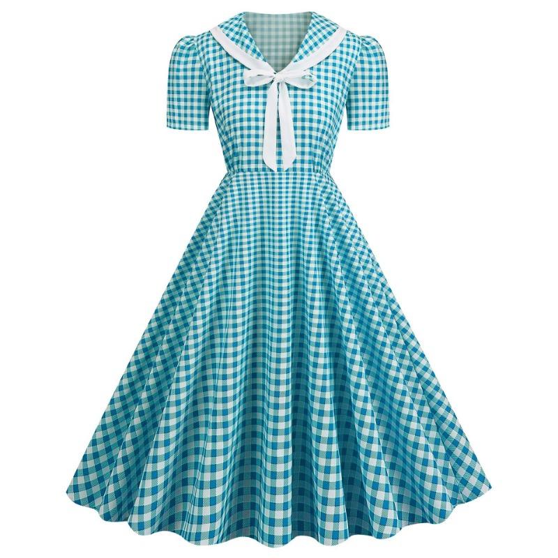 Vintage women's V-neck short-sleeved bow strap polka dot plaid vintage big swing skirt