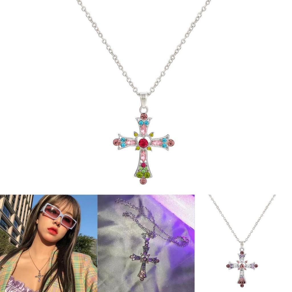 Stunning Winter Geometric Cross Pendant Necklace With Rhinestones For Women