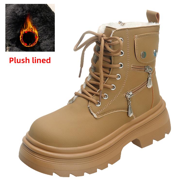 fashion Winter Chunky Platform Combat Boots Women Thick Bottom Plush Warm Ankle Boots Woman Fashion Metal Decor Motorcycle Booties 2024
