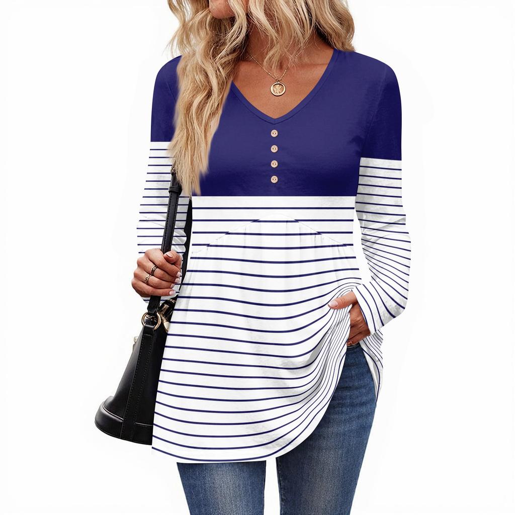 Women's Casual Fashion V-Neck Button Striped Long Sleeve Top