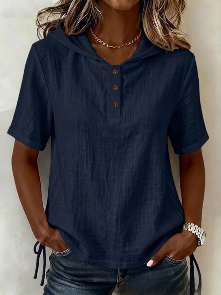 Women Loose Solid Color Hooded Collar Short Sleeve Front Button Pullover
