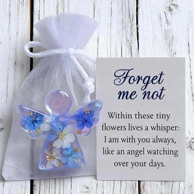 Unutma Beni Kurutulmuş Çiçek Melek Hatırası, Organze Çanta ve Başsağlığı Kartı ile Mini Reçine Koruyucu Melek Figürü