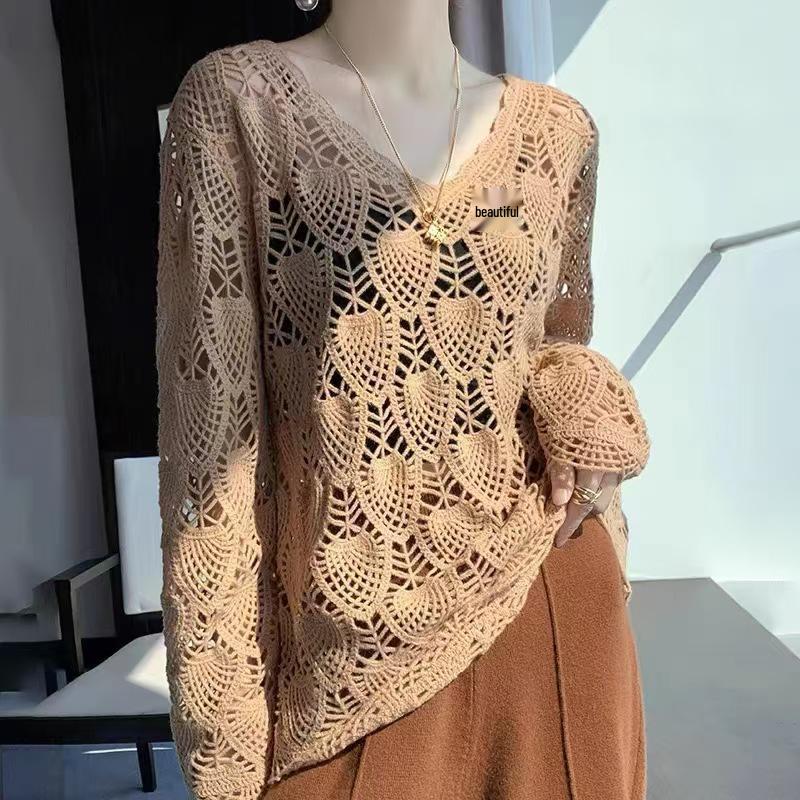 

Раннеосенний трикотаж крючком с V-образным вырезом: Свободный кардиган большого размера с длинным рукавом One Size хаки