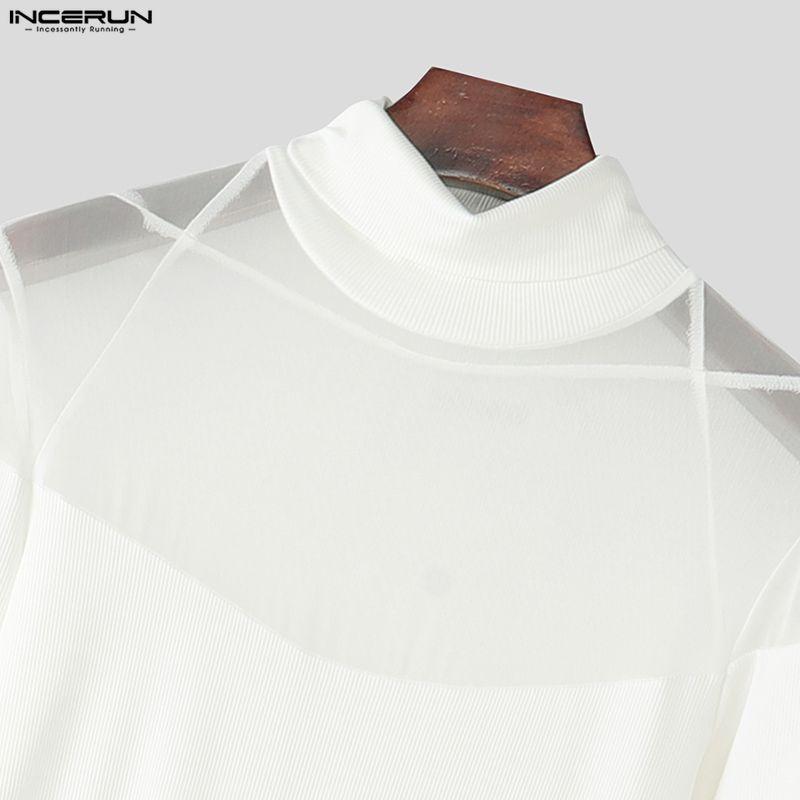 INCERUN Men Casual Turtleneck Long Sleeve Mesh Sheer Patchwork Irregular T-shirts Undershirts