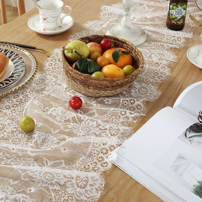 1 Pcs White Lace Table Runner 14 x 120 Inch Vintage Rustic Table Runner for Wedding Bridal Shower Baby Shower Party Decorations Embroidered Boho Lace