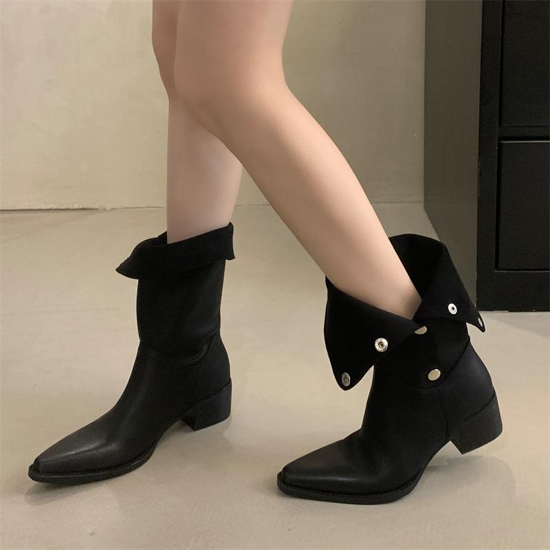 Fashion Eilyken Winter Vintage Fashion Fold Short Pointed Toe Women Ankle Boots Square Low Heels Booties Shoes Zapatos De Mujer