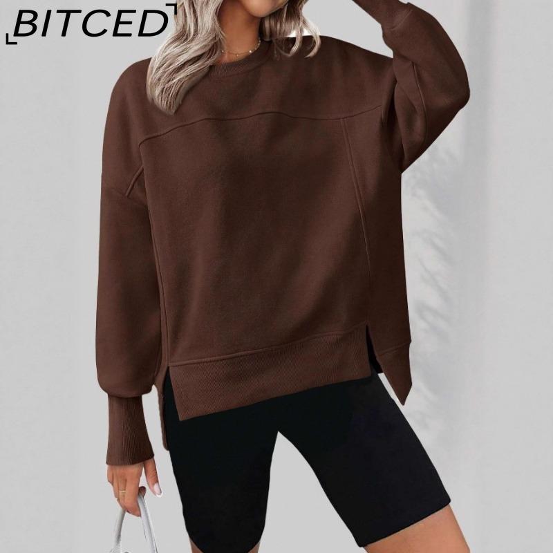 

Women s Autumn/Winter O-Neck Long-Sleeved Slit Casual Oversized Versatile Sweatshirt XXL темно-коричневого кольору