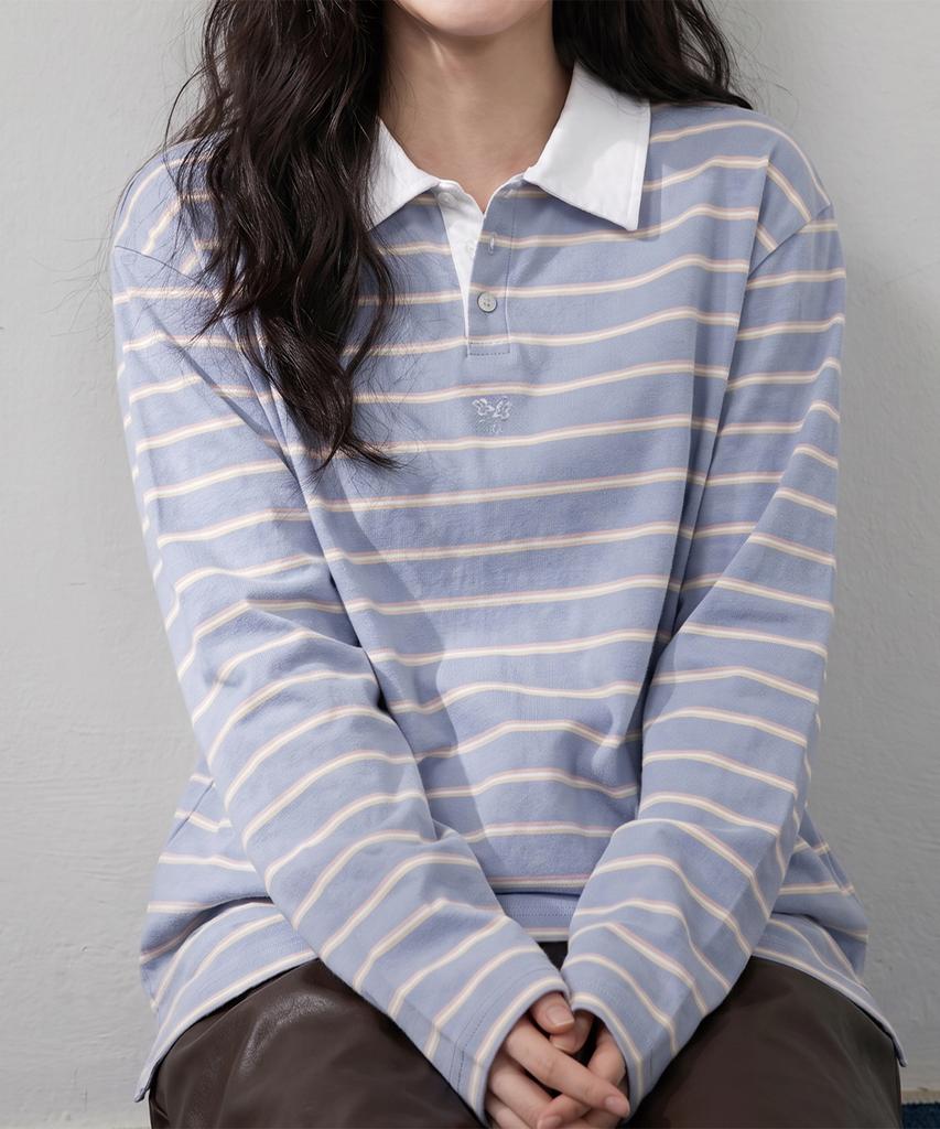 THE GREEN LAB Pinstripe Rugby T-Shirt [Light Blue]
