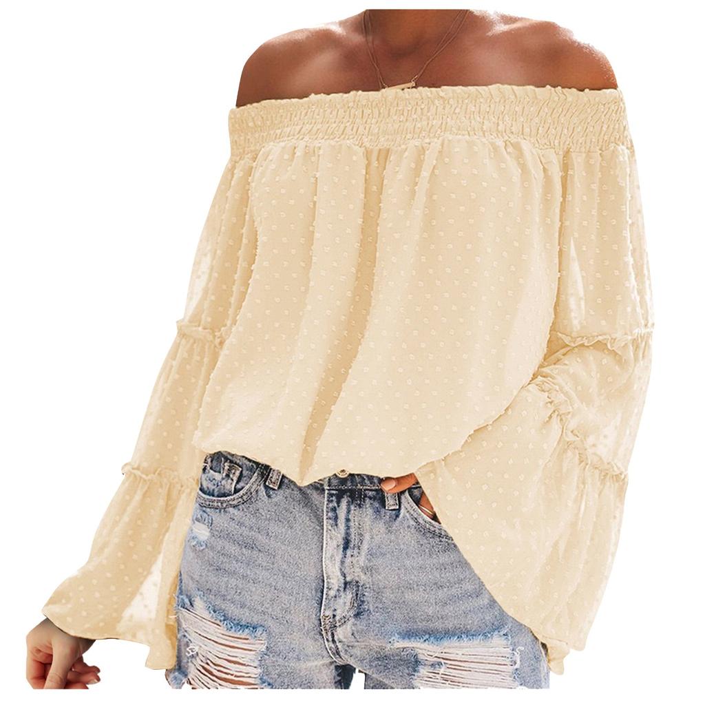 Fashion Flared Long-sleeved Chiffon Off-the-shoulder Neckline Hollow Loose Top
