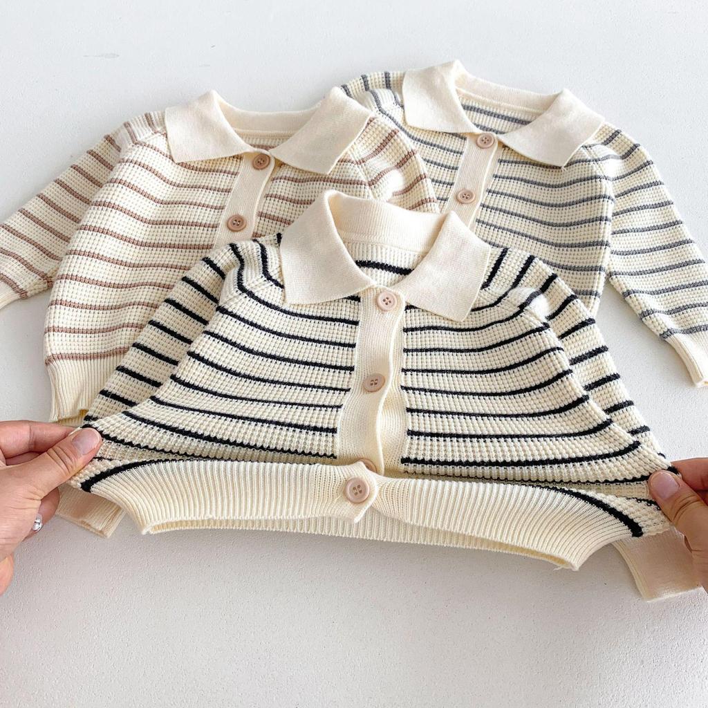New Fall/Winter Infant Waffle Knit Cardigan & Striped Long Sleeve Overalls Set