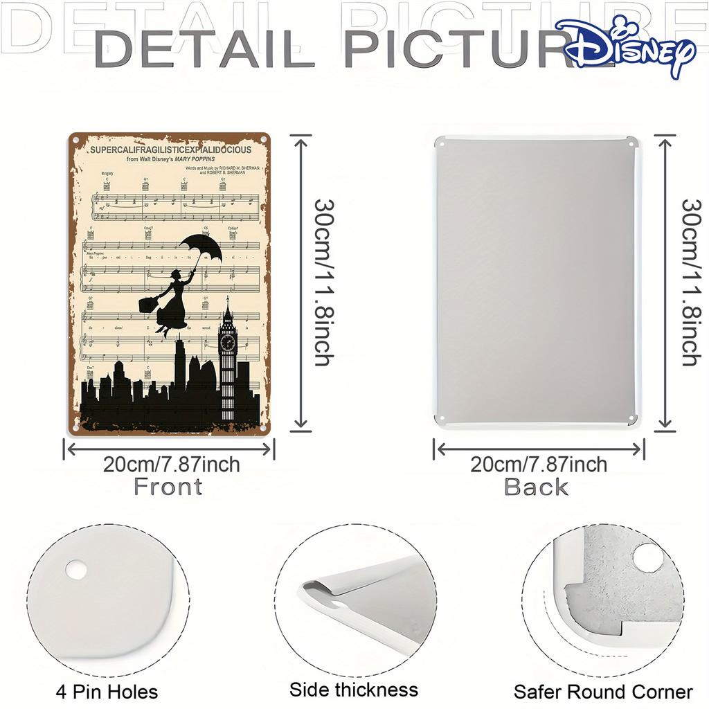 1pc Vintage Mary Poppins Metal Tin Sign - 20.32x30.48 cm Wall Art with Music Notes & Silhouette, Perfect for Home Decor & Holida