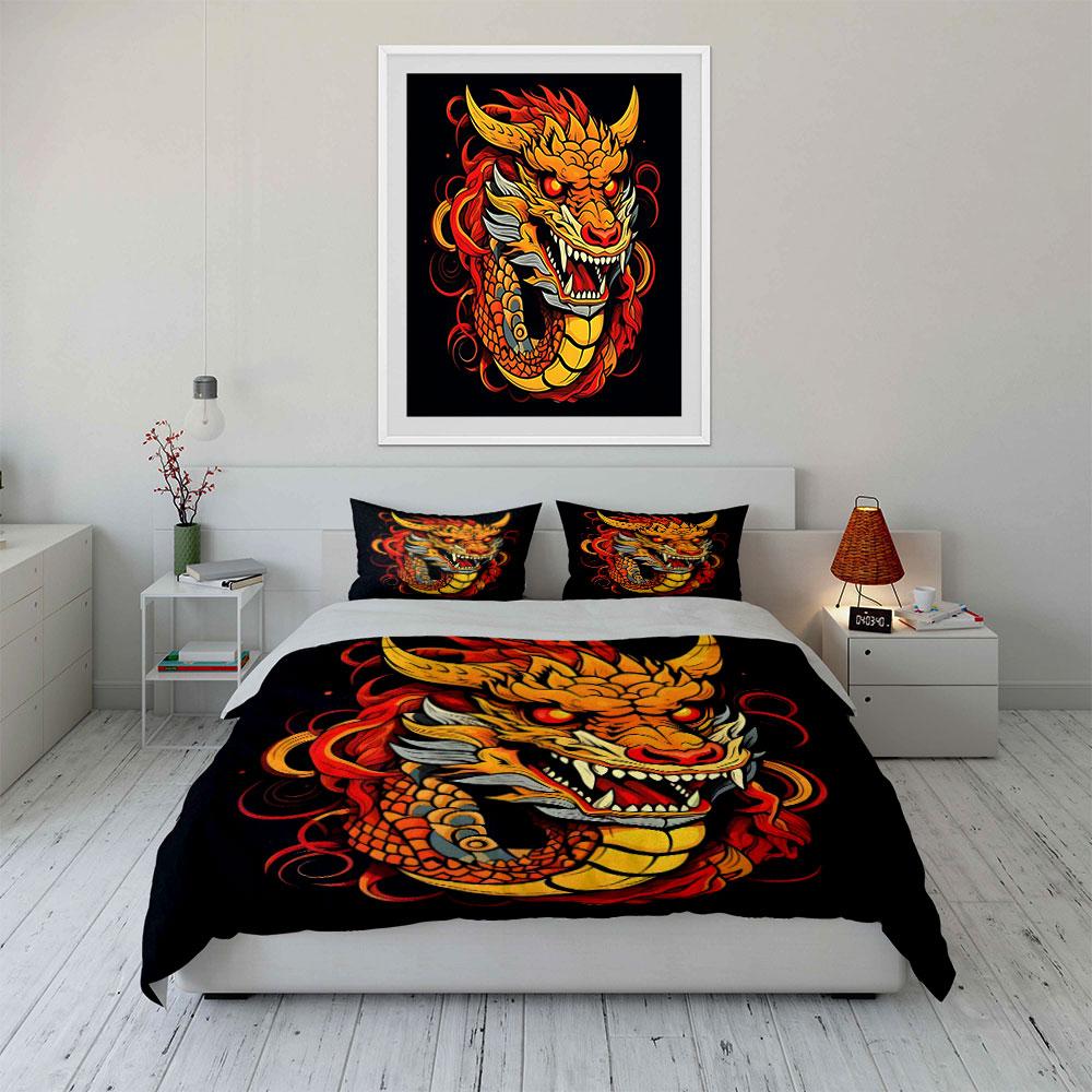 3Pcs Fiery Red Chinese Dragon Head Duvet Cover Set Black Base New Year Lucky Bedding Single Double King Queen Gift