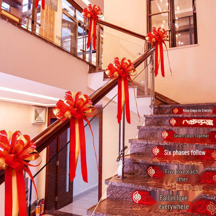

Wedding Stair Railing Decoration Package: Balloons, Handrail Pull Flowers, and Full Wedding Room Arrangement Set.