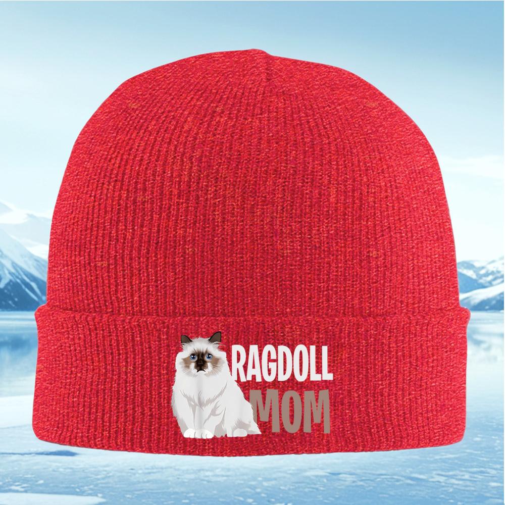 Ragdoll cat with the word Mom Men Women Unisex Knitted Hat Beanie Pullover Cap Winter Thermal Warm Christmas Outdoor Cycling Hik