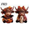 Fine Carving Wood Art 2PCS Highland Cow Ornament, Wooden Rustic Style Figurine, Thanksgiving Home Decoration Theme Art, for Entrance Living Room Decor