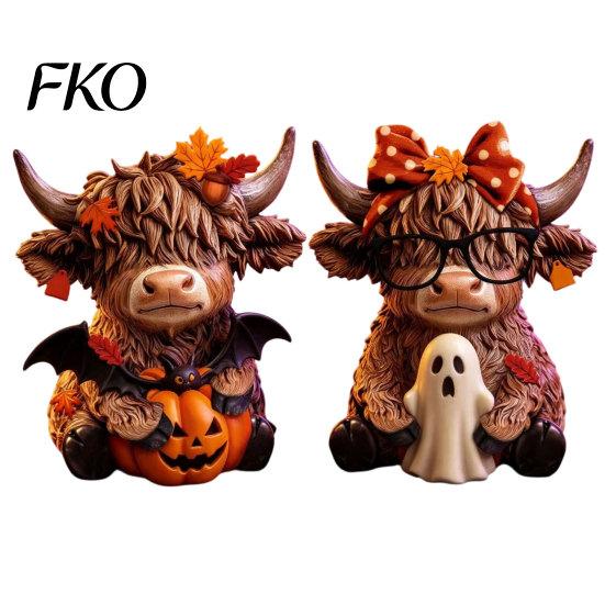 Fine Carving Wood Art 2PCS Highland Cow Ornament, Wooden Rustic Style Figurine, Thanksgiving Home Decoration Theme Art, for Entrance Living Room Decor