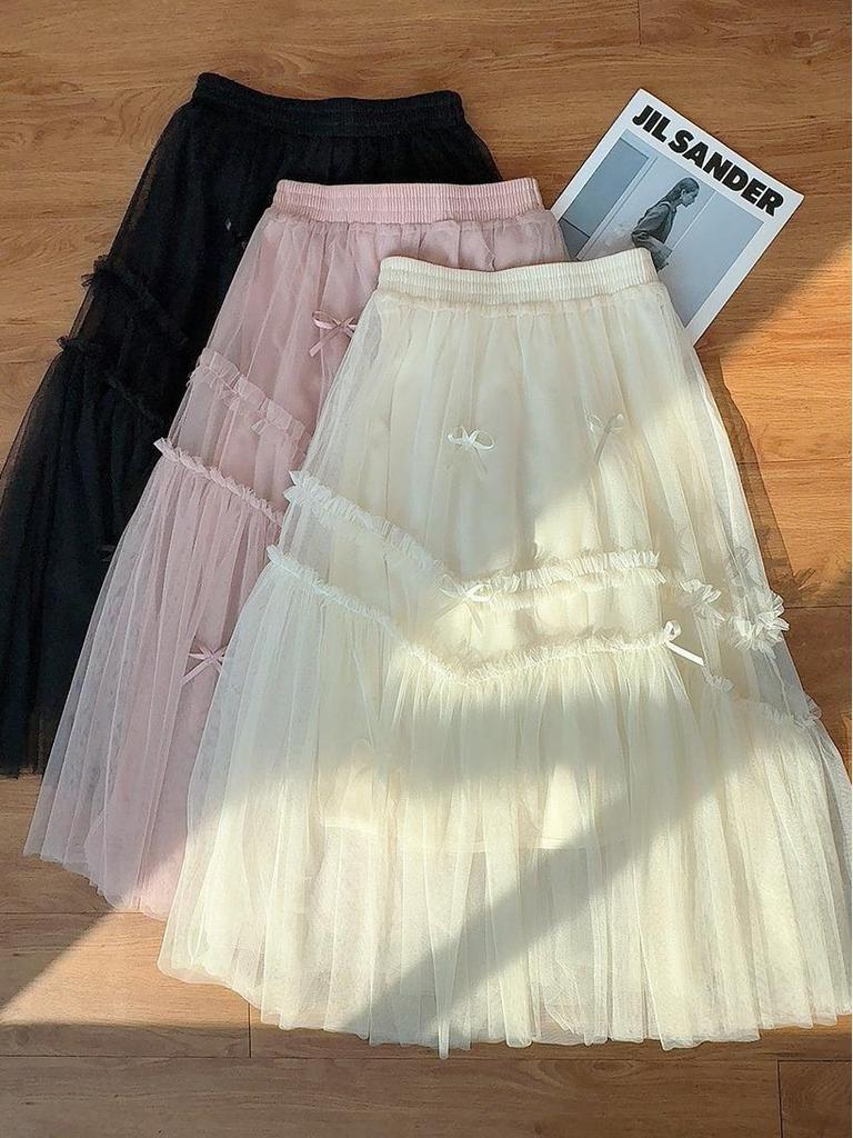 2024 Sweet Bow Net Gauze A-line Skirt for Women - Spring/Summer Collection