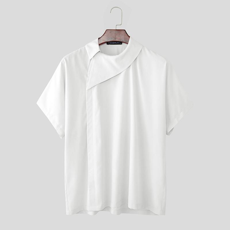 INCERUN Men Summer Lapel Neck Short Sleeve Side Buttons Casual Shirts Tops