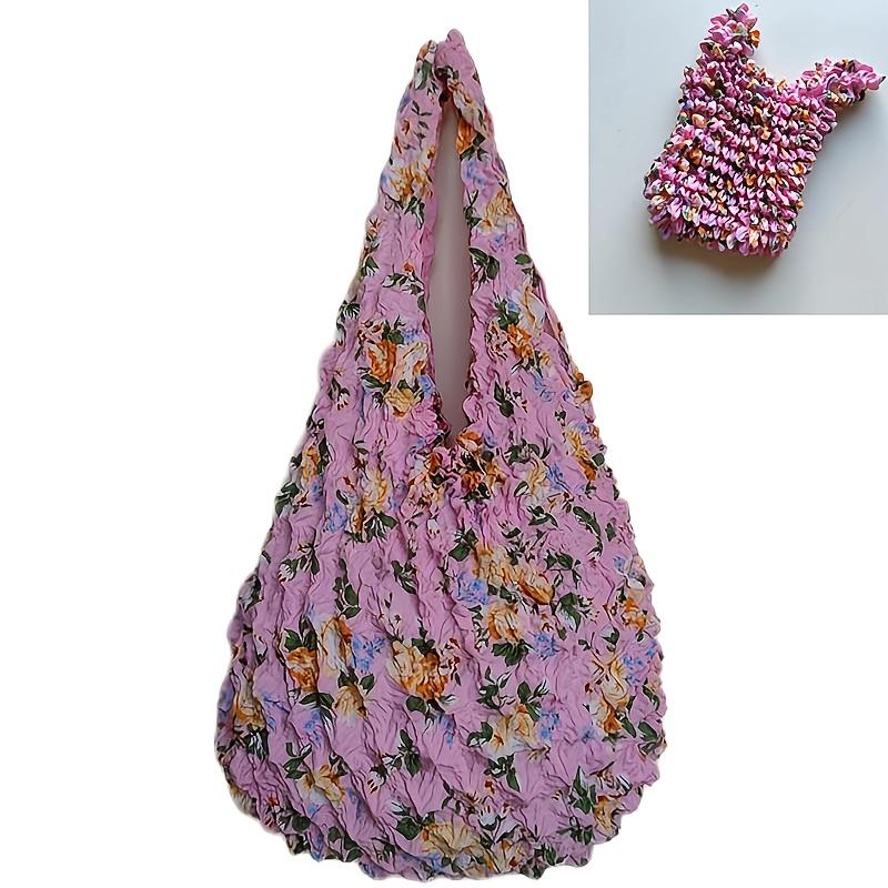 Magic Retractable Bubble Pleated Floral Shopping Bag for Women Lightweight Elastic Reusable Tote