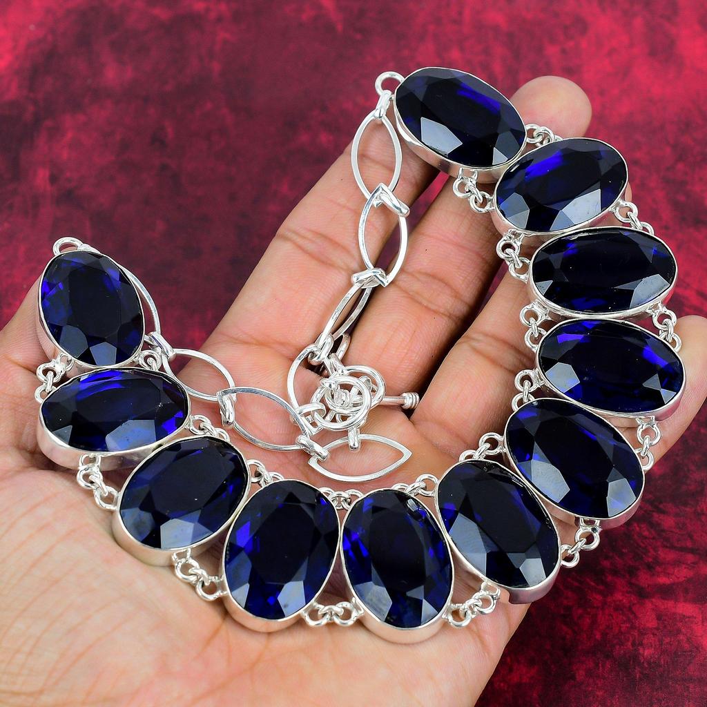 Faceted Blue Sapphire Necklace, Gemstone Handmade Jewelry, 925 Solid Sterling Silver Necklace Jewelry Gift For Weeding