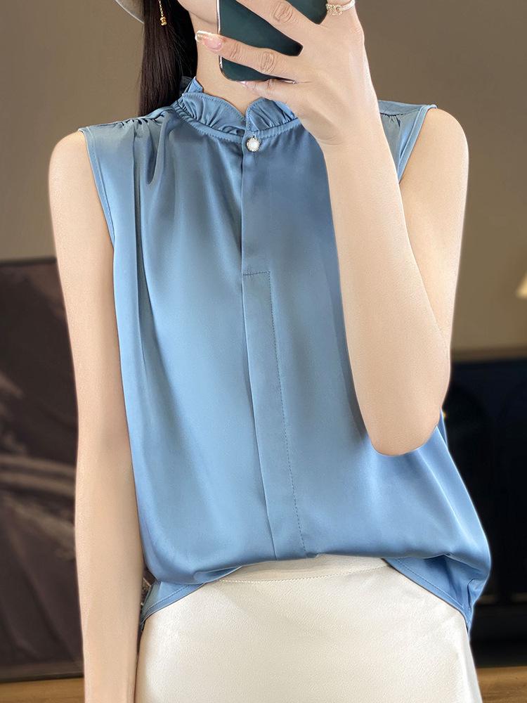 Wood Ear Lace Collar Silky Satin Sleeveless Slimming Vest for Women - Spring/Summer Temperament Shirt