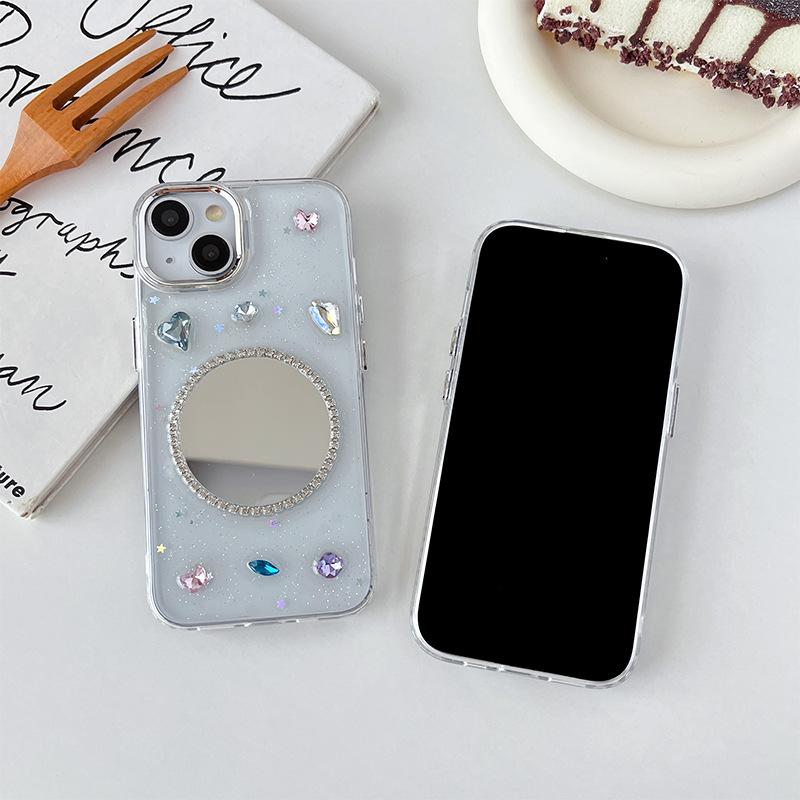 Iphone16 Transparent Glitter Mirror Mobile Phone Case Is Suitable For Apple 17 Rhinestone 15 Light Luxury 13 Makeup Mirror Gem Soft