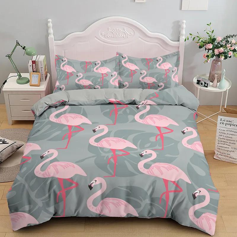 3D Flamingo Printed Beding Set King Quen Sized Dimensions Carton Pink Animals Soft Duvet Cover Featuring Pilowcases 2/3pcs Polyester Comfortable Quilt