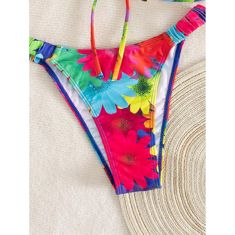 Sexy Tie Dye Flower Print Bikini Set Women Drawstring Pleate Push Up Bra Thong Swimsuit Bathing Suit Swimwear