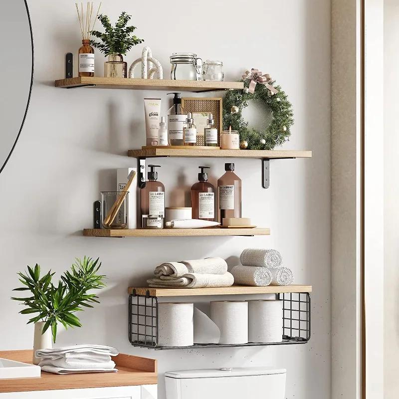 Natural Wood Bathroom Floating Shelves Bathroom Wall Mounted Towel Rack Toilet Paper Holder Home Accessories Garden Set of 4