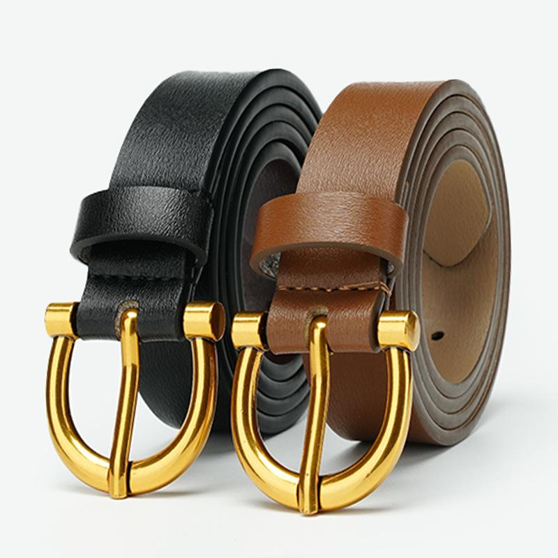 Belt Korean Version Punching Pin Buckle Gold Brown Genuine Leather Cowhide Slim Lady Belt Women's Belt