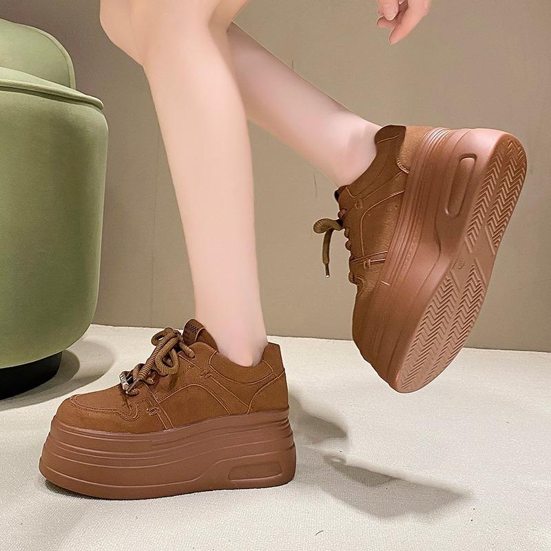 Mote 8CM Dame Lær Sneakers Høst Vår Brun Fritidssko Chunky Sneakers Høy Plattform Sport Skateboard Sko Kvinne