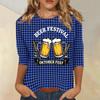 Women's Casual Three Quarter Sleeve Round Neck Top with Beer Festival Print Oktober Fest Pattern Lightweight Comfortable Fit