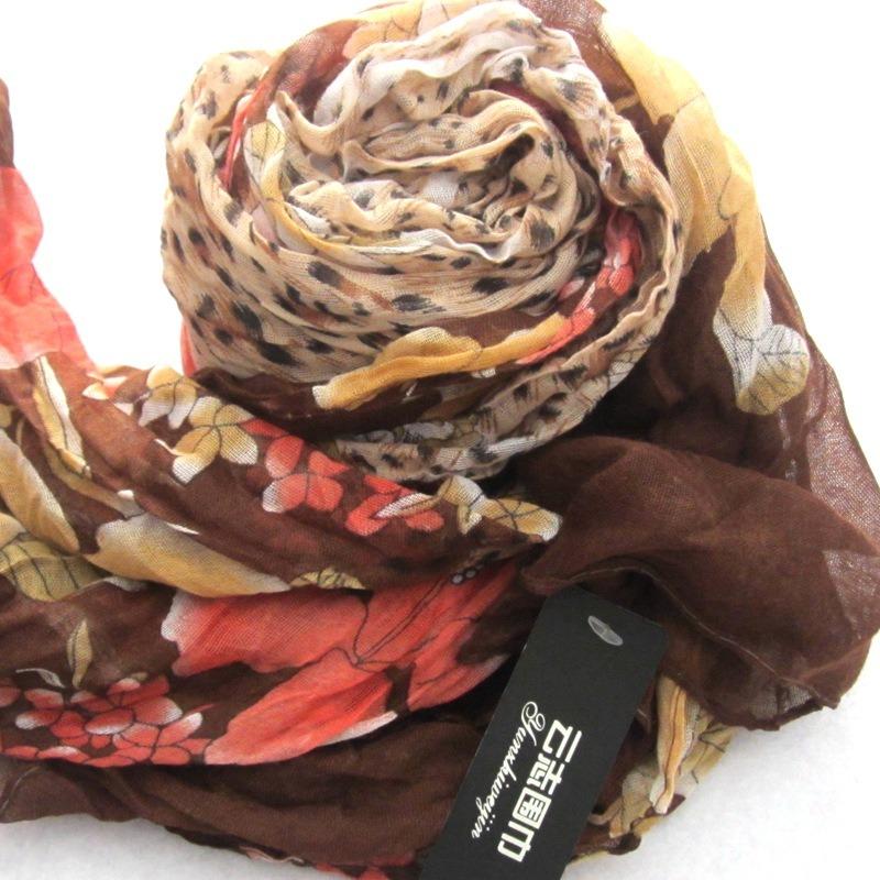 

Весенне-осенние цветы Женский солнцезащитный шарф-шаль двойного назначения с принтом из балийской пряжи Фабричный тюль 180CM