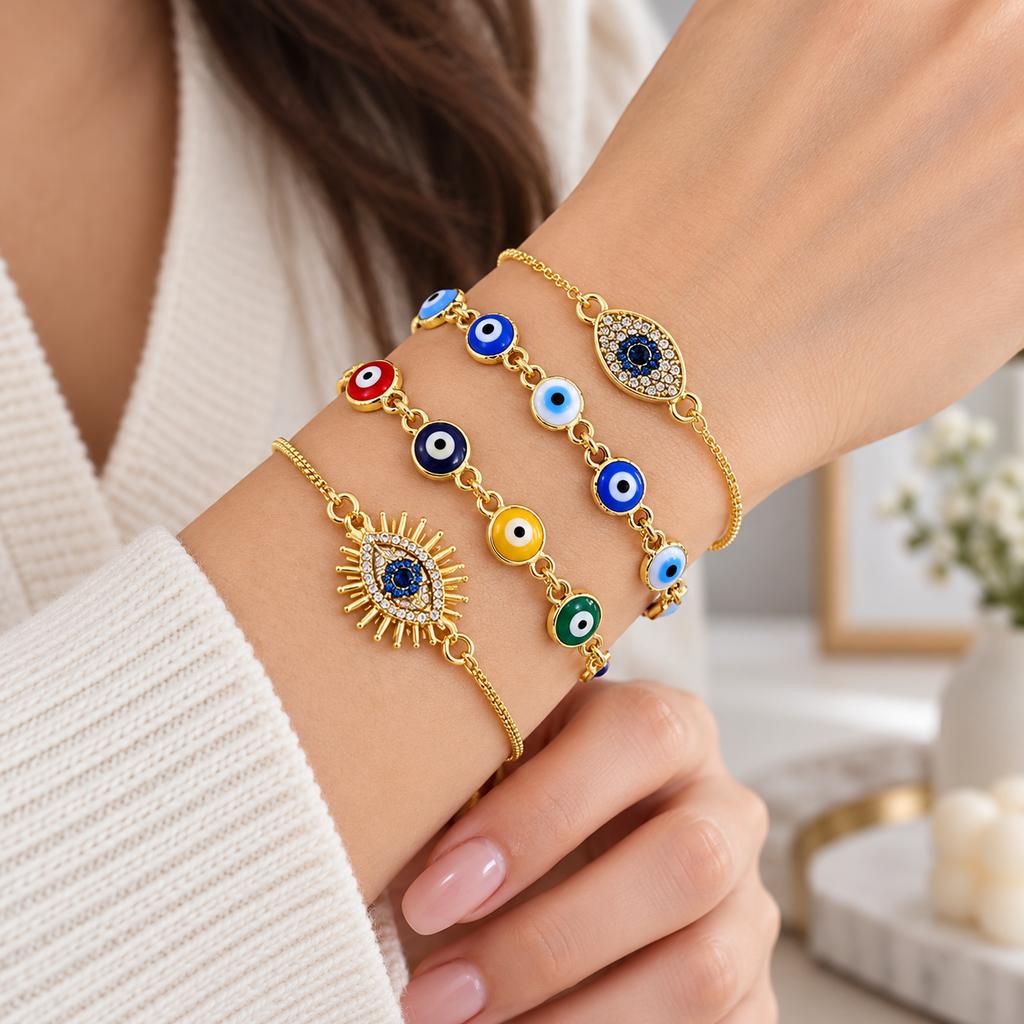 LUOYUNE 18K Gold Plated Colorful Enamel Lucky Eye Charm Bracelet Turkish Inspired Vintage Link Jewelry for Women Gift