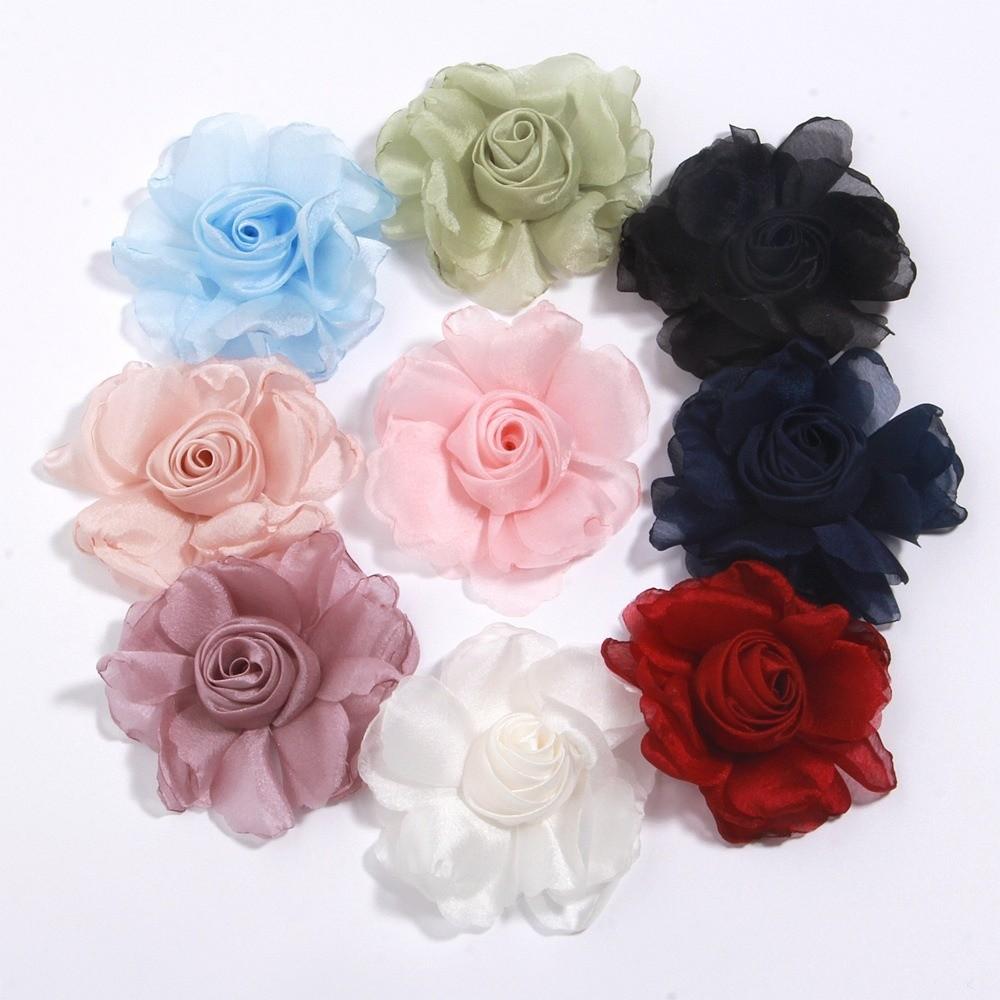 5Pcs 8cm Silk Roses Flower Head DIY Burnt Fabric Hair Flowers Women Hair Accessories