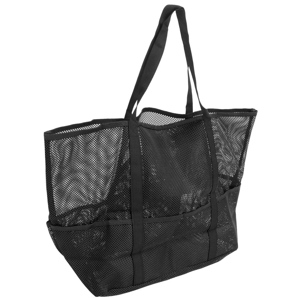 Mesh Beach Bag with 8 Pockets Waterproof Large Capacity Portable Handle Mesh Pool Bag for Vacation Swimming Black