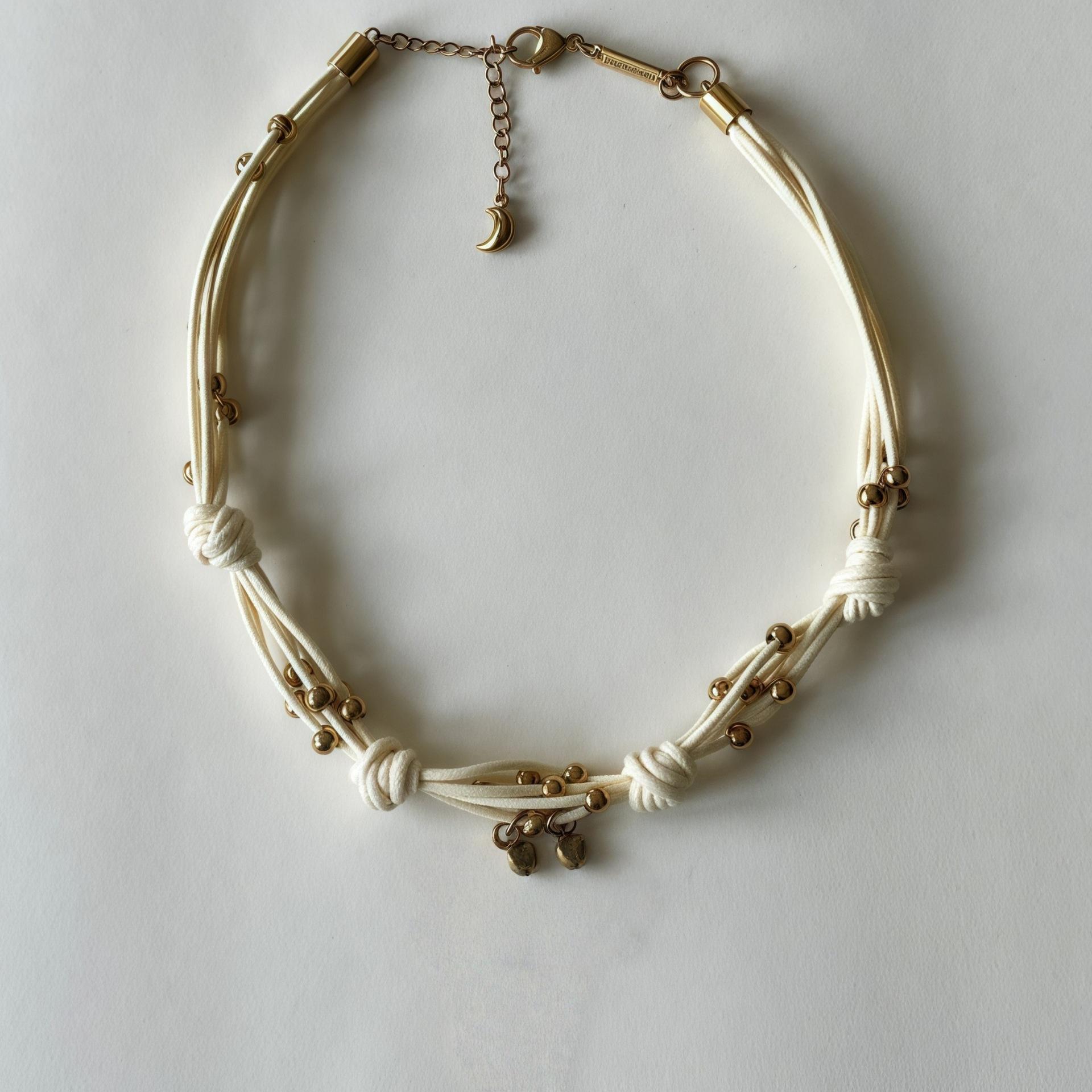 

Multi-Colored Cloth Strip Necklace, Woven Rope Knot Pattern Metal Bead, Personalized Trendy And Niche Design Collarbone Chain