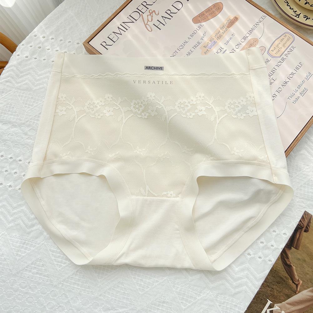 

Large Size Female Spring New Lace Jacquard High Waist Belly Antibacterial Crotch Triangle Briefs One Size білий