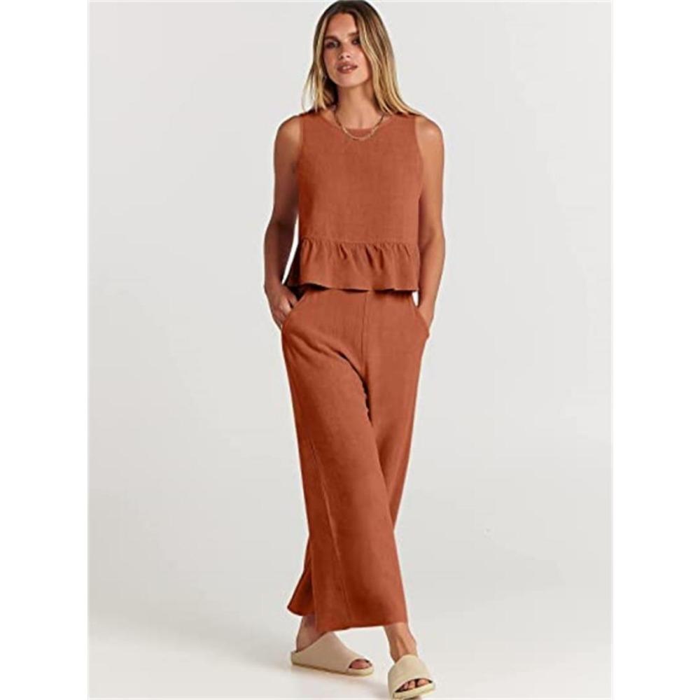 IHUASU Summer Women's Sleeveless Pleated Vest Wide Leg Nine-point Pants Casual Suit