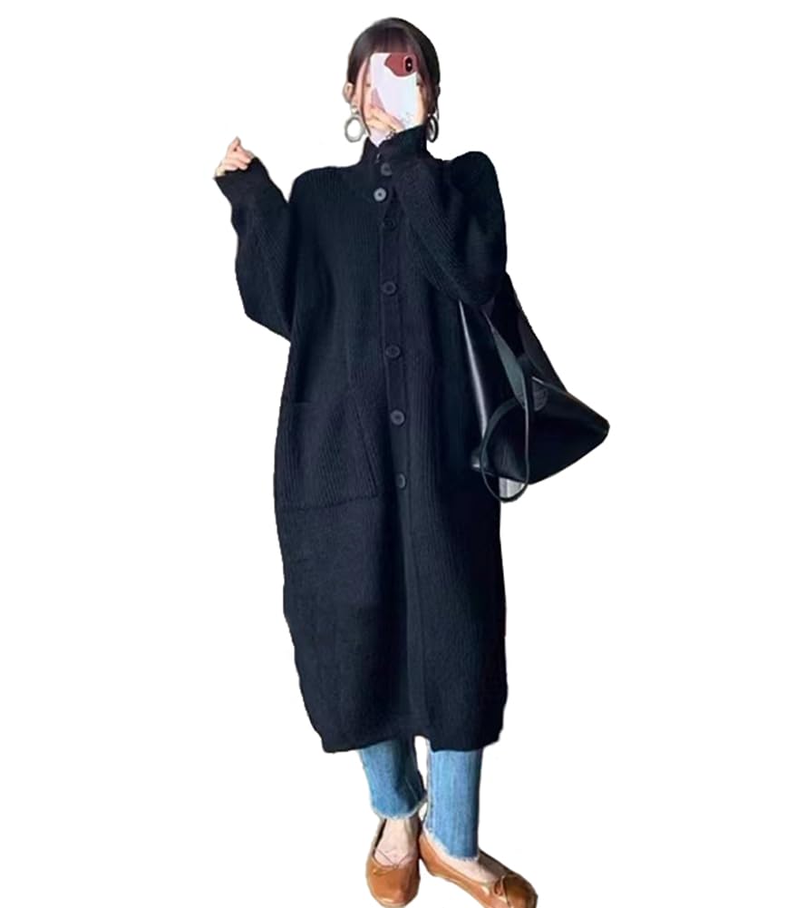 

TASOGARA Knit Loose Plus Women s Cardigan, Long, High-Neck, Cocoon-Shaped, Fit, Warm, Sizes, Autumn/Winter (Black) чорний