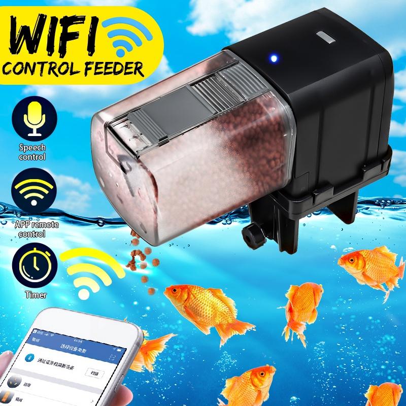 WiFi Automatic Fish Tank Feeder Aquarium Pond Food Feeder Timer Speech Control Dispenser Adjustable 5V/2V Black